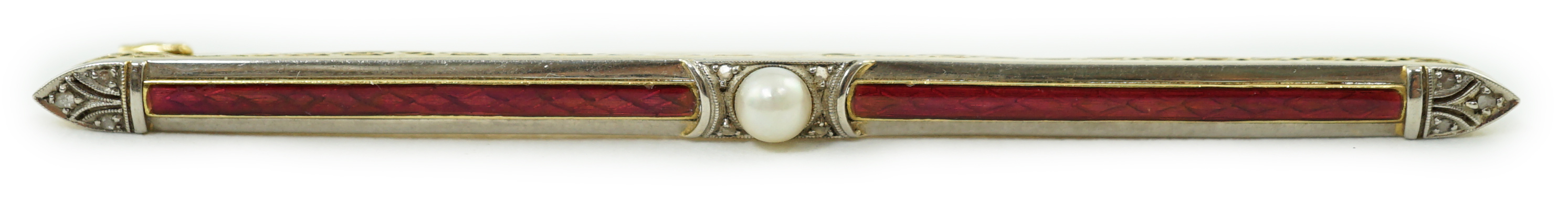 A 1940's 18ct gold, enamel, diamond chip and split pearl set bar brooch